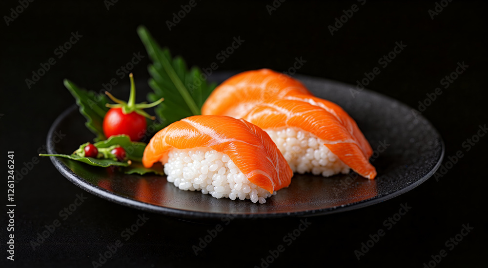 Delicious salmon nigiri sushi artfully presented on a dark plate. The sushi features fresh salmon slices atop perfectly cooked rice. Delicious salmon nigiri sushi artfully presented on a dark plate. The sushi features fresh salmon slices atop perfectly cooked rice.