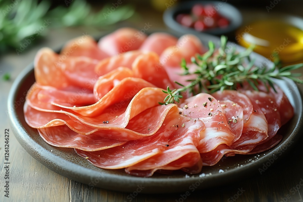 A beautifully arranged meat platter featuring assorted cold cuts on a rustic wooden table. The editorial style and cinematic lighting highlight the appeal of gourmet charcuterie arrangements. A beautifully arranged meat platter featuring assorted cold cuts on a rustic wooden table. The editorial style and cinematic lighting highlight the appeal of gourmet charcuterie arrangements.