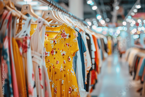 A minimalist, modern women's clothing store interior. Light-filled and stylish, it showcases trendy apparel and a chic retail environment, appealing to fashion-forward shoppers. photo