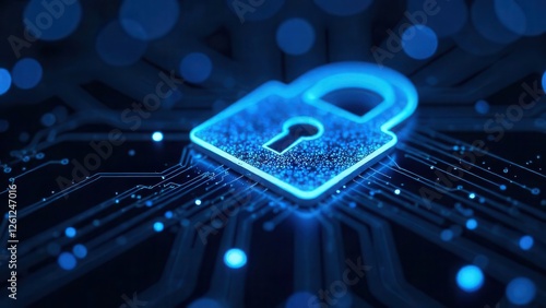 glowing blue neon lock icon on digital circuit board background, illustrating cyber security and data protection concepts, technology, digital security and IT infrastructure
