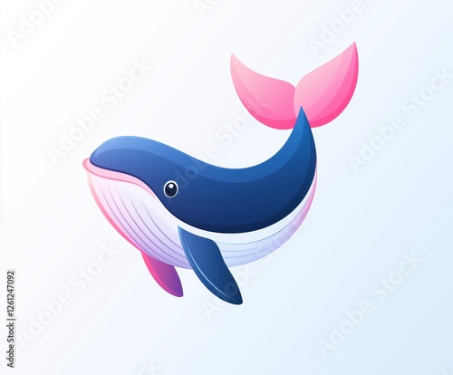 Whimsical blue whale character swimming gracefully with pink tail fins, perfect for eco-friendly themes and children's illustrations. photo