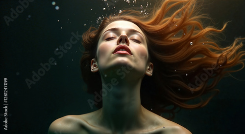 An ethereal underwater portrait captures a woman with flowing red hair, her face turned upwards. The serene image conveys a sense of tranquility and grace beneath the water's surface.