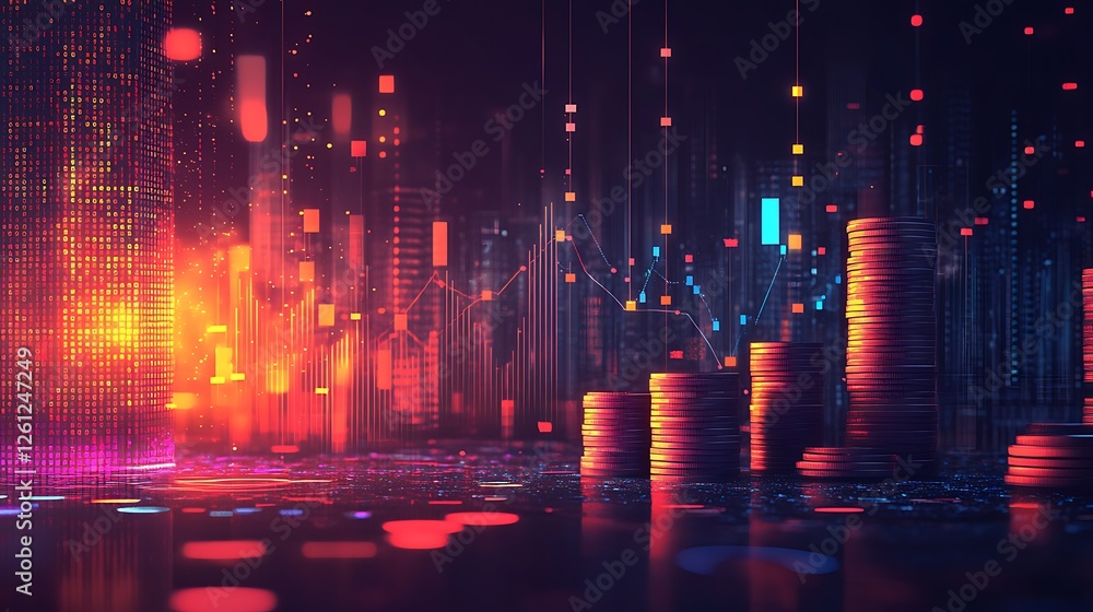 Obraz premium Futuristic Financial Growth Visualization, A digital representation of financial growth, featuring stacks of coins, glowing graphs