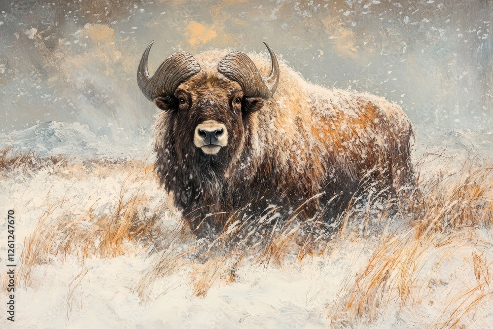 Muskox blizzard winter field landscape wildlife art Muskox blizzard winter field landscape wildlife art