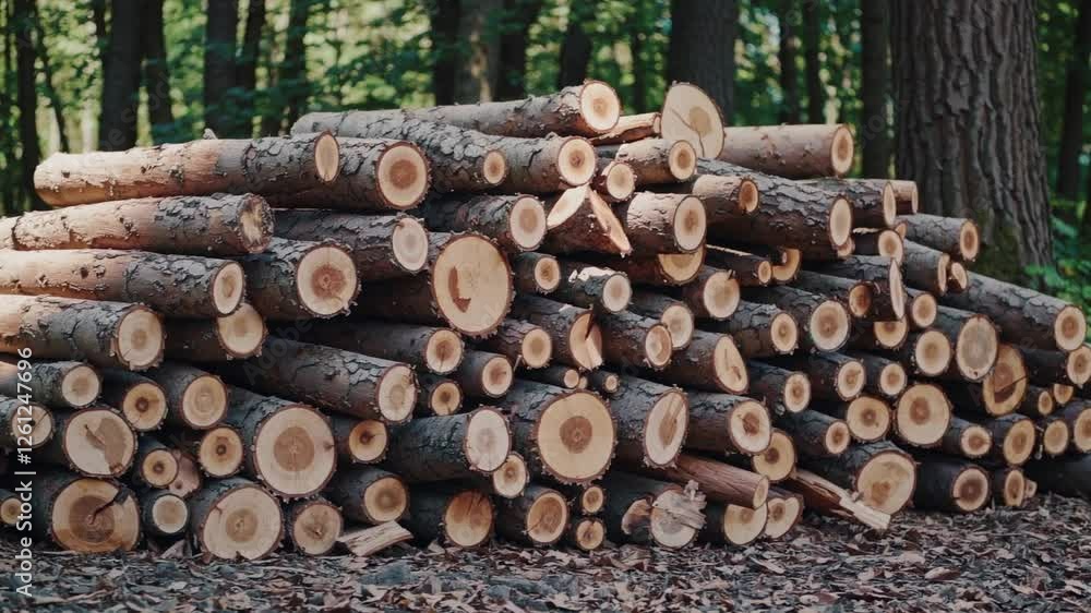 Slow Motion Shot of a Meticulously Stacked Pile of Chopped Wood – Logs of Varying Sizes, Detailed Natural Wood Texture, Warm Earthy Tones, Rustic Outdoor Setting, Precision in Stacking, Serene Slow Motion Shot of a Meticulously Stacked Pile of Chopped Wood – Logs of Varying Sizes, Detailed Natural Wood Texture, Warm Earthy Tones, Rustic Outdoor Setting, Precision in Stacking, Serene