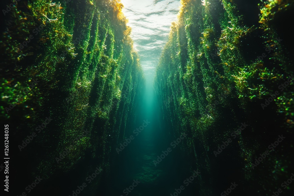 Obraz premium Underwater kelp forest, sunlight path, ocean, marine life, nature background, for travel or environmental projects