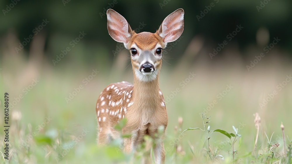 White-tailed fawn in grassy field, summer. Wildlife nature background for conservation White-tailed fawn in grassy field, summer. Wildlife nature background for conservation