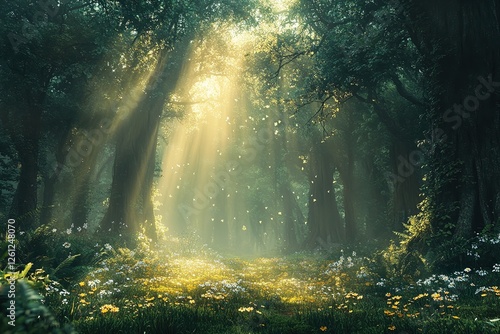 Wallpaper Mural  Sunlight filtering through dense forest canopy, casting golden rays onto a moss-covered floor, creating a magical and serene atmosphere. Torontodigital.ca