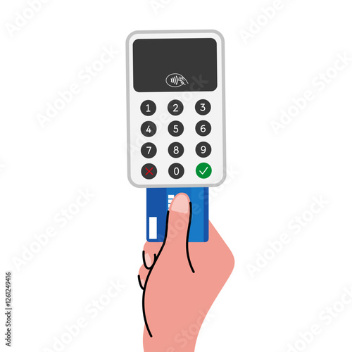 Chip card payment with POS terminal. Flat vector illustration. Ideal for banking, retail, e-commerce, and cashless payment concepts. 
