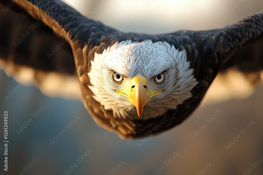 Obraz premium A powerful eagle in mid-flight with wings spread wide, detailed feathers, intense focus in its eyes