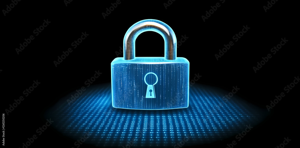 Fototapeta premium Cybersecurity, a digital lock symbol on a blue futuristic background with binary code, represents the concept of online data protection