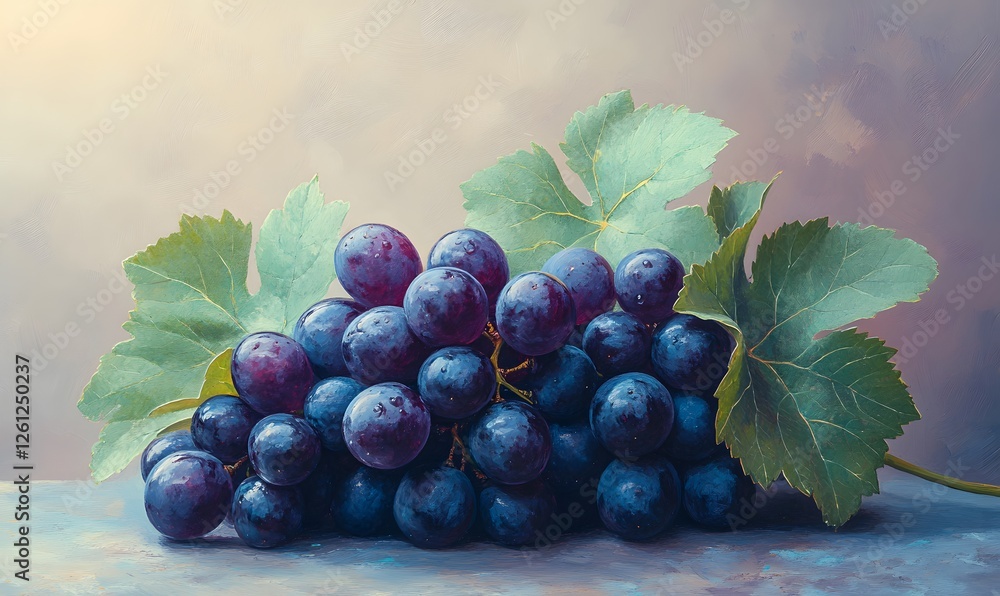 Fototapeta premium A vibrant still life painting of a cluster of dark purple grapes with green leaves