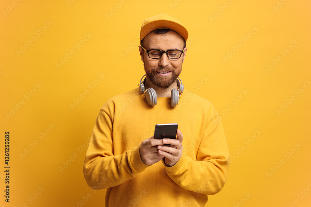 Man with headphones in a yellow sweatshirt looking at a smartphone Man with headphones in a yellow sweatshirt looking at a smartphone