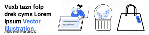 Woman cradling baby near laptop screen, decorative plant in pot, elegant shopping bag with tag. Ideal for parenting, e-commerce, environment, retail, home decor, lifestyle flat landing page banner