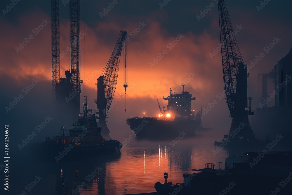 Obraz premium A shipyard at dawn, giant cranes moving massive steel components, shipbuilders welding hull structures, misty industrial morning