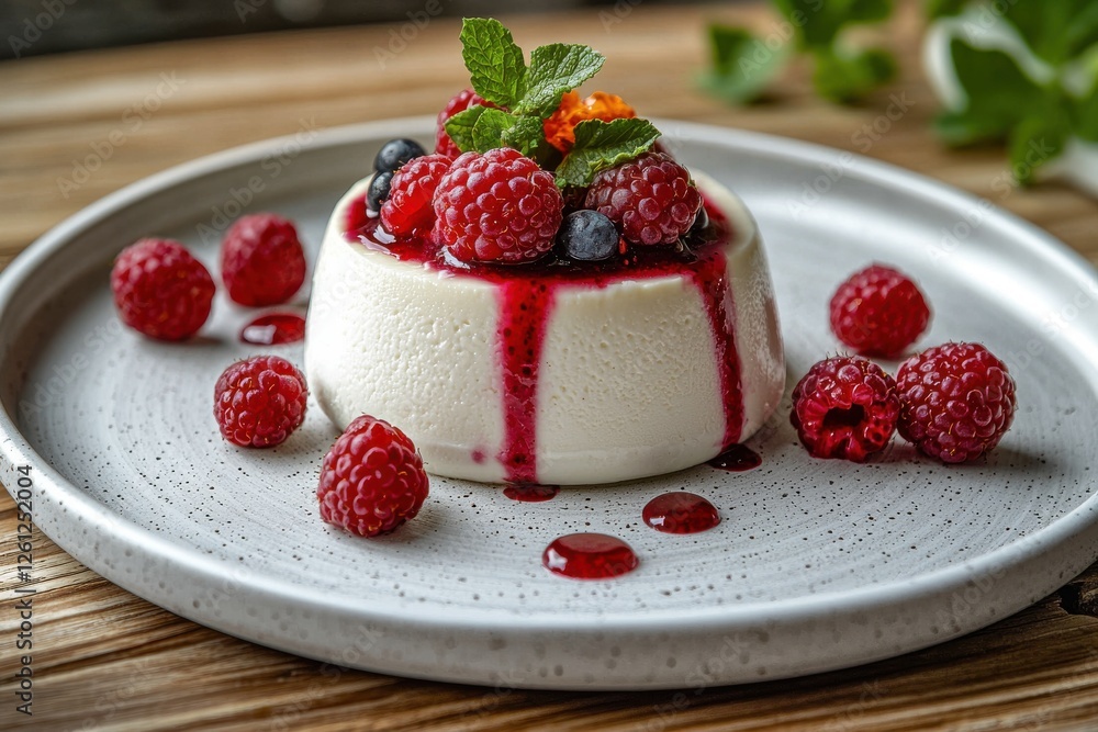 Exquisite panna cotta dessert with vibrant berries and luscious fruit sauce Exquisite panna cotta dessert with vibrant berries and luscious fruit sauce