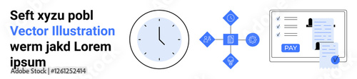 Analog clock, interconnected process icons, payment receipt, and task list combine for workflow efficiency, productivity, and digital transactions. Ideal for organization, deadlines, finance
