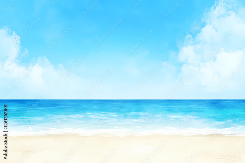 Fototapeta premium Watercolor beach with blue sky and ocean, light yellow sand in the background, with copy space
