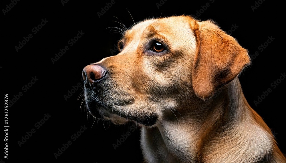Labrador retriever gazes thoughtfully against a dark background with gentle lighting Labrador retriever gazes thoughtfully against a dark background with gentle lighting