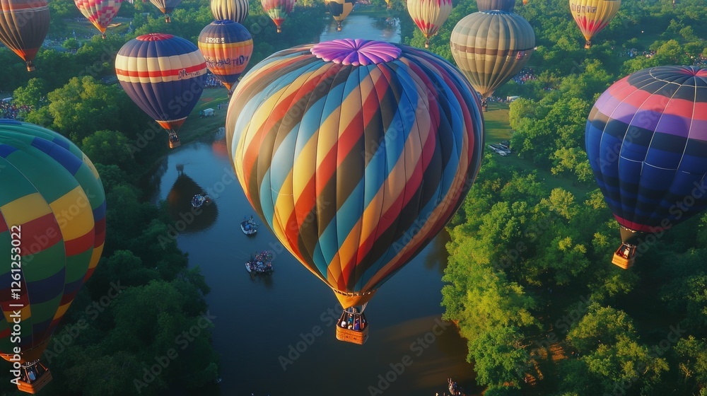 Fototapeta premium Colorful Hot Air Balloons Floating Over Serene Lake Landscape