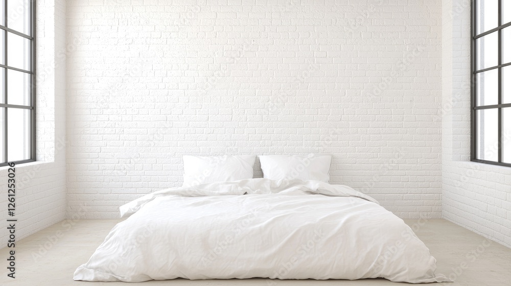 Naklejka premium Empty Bedroom Interior with White Bedding