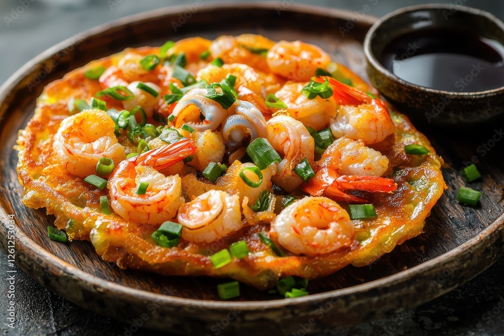 Close-up of shrimp omelet topped with green onions served on a wooden plate with soy sauce. Close-up of shrimp omelet topped with green onions served on a wooden plate with soy sauce.