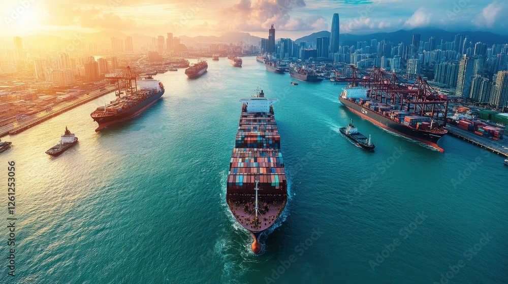 Obraz premium Aerial view of a port with cargo ships and cranes, highlighting international trade