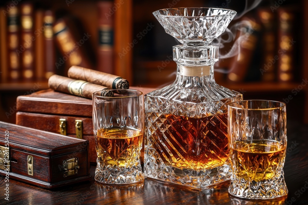 Luxury still life with crystal whiskey decanter, glasses and cigars on table Luxury still life with crystal whiskey decanter, glasses and cigars on table