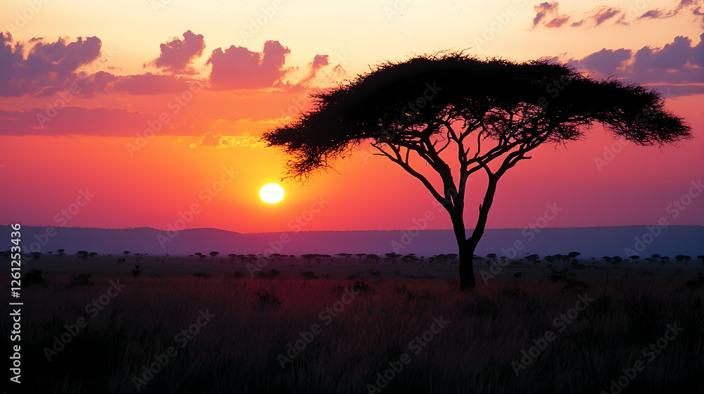 African savanna sunset silhouette; lone acacia tree; vibrant sky; calm grasslands; ideal for travel, nature documentaries African savanna sunset silhouette; lone acacia tree; vibrant sky; calm grasslands; ideal for travel, nature documentaries