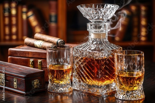 Luxury still life with crystal whiskey decanter, glasses and cigars on table