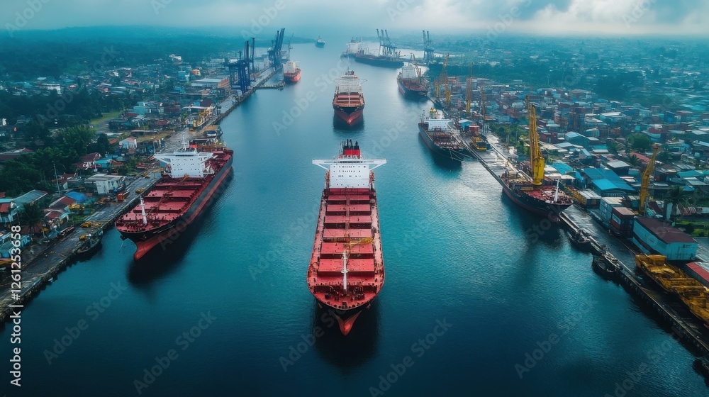 Naklejka premium Aerial view of a port with cargo ships and cranes, highlighting international trade