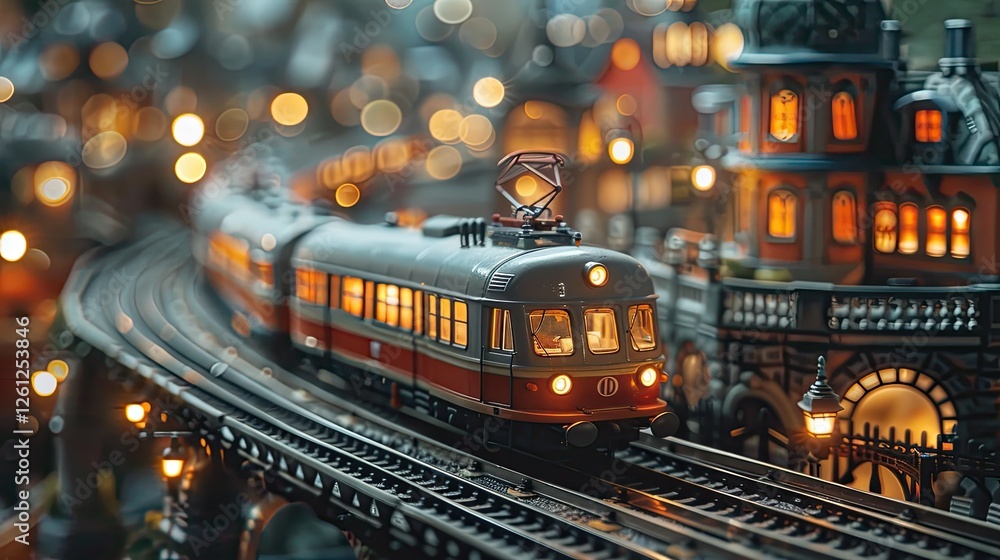 Illuminated model train on miniature railway track, passing through a charming model town at night. Illuminated model train on miniature railway track, passing through a charming model town at night.