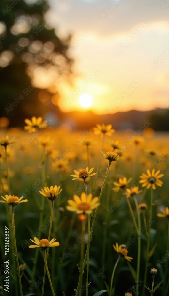 Fototapeta premium Golden hour light bathes idyllic meadow, blurred sunset , serene, nature, meadow