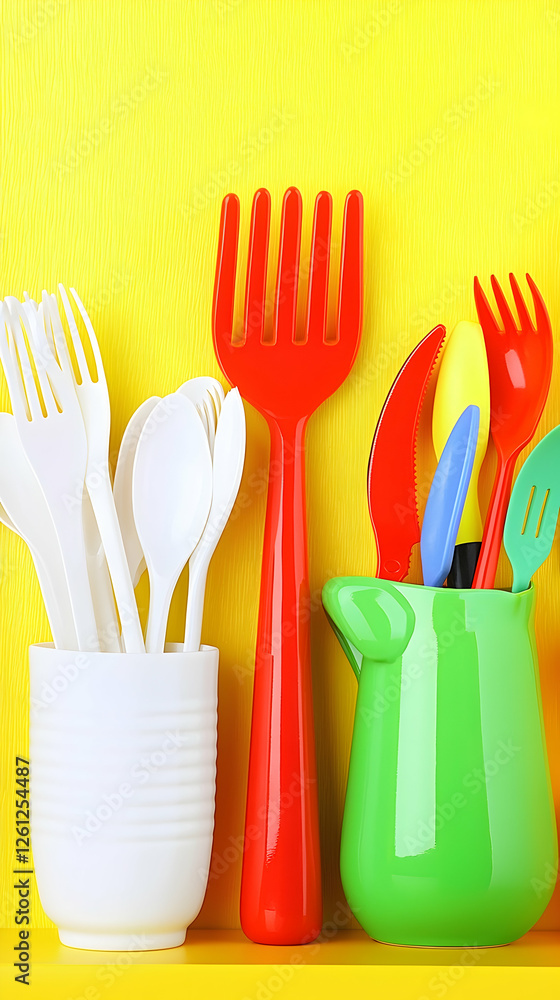 Colorful plastic cutlery and spoons in containers against a yellow background; perfect for picnic or party supplies Colorful plastic cutlery and spoons in containers against a yellow background; perfect for picnic or party supplies