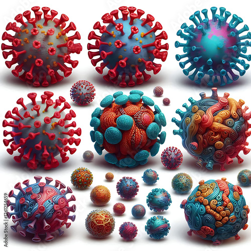 Viruses, germs and bacteria, microorganism types. Illness or disease microscopic cells and infection, microbes and antibodies. Dangerous pathogen, microbiology. Realistic 3d vector illustration
 photo