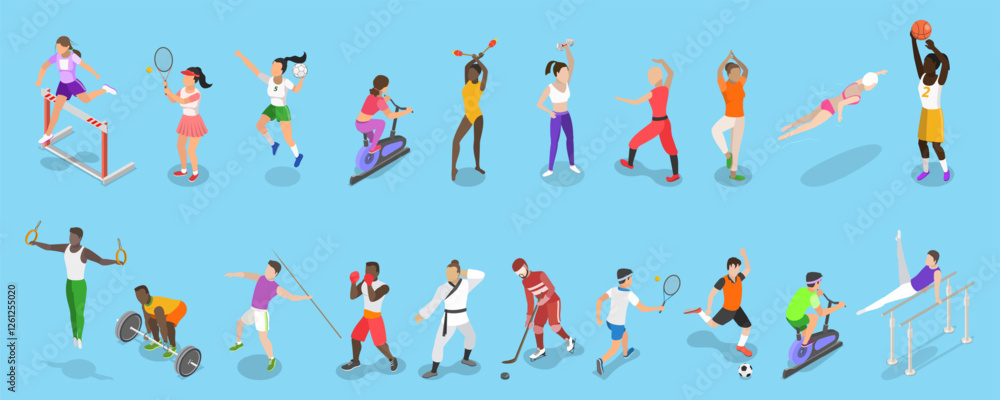 3D Isometric Flat Vector Illustration of Sports People, Athletic Sports With Balls And Rackets - A Dynamic Combination 3D Isometric Flat Vector Illustration of Sports People, Athletic Sports With Balls And Rackets - A Dynamic Combination