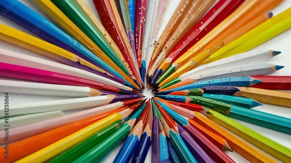 A vibrant arrangement of colored pencils radiating from a central point, showcasing creativity. A vibrant arrangement of colored pencils radiating from a central point, showcasing creativity.