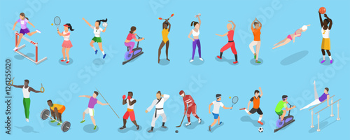3D Isometric Flat Vector Illustration of Sports People, Athletic Sports With Balls And Rackets - A Dynamic Combination