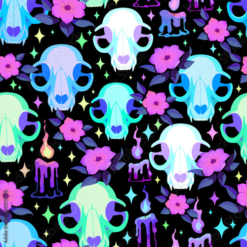 Seamless illustration of animal skull and flowers