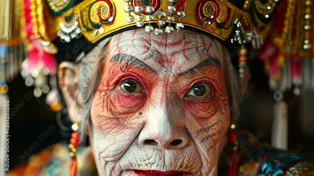 Ancient Wisdom: Close-up portrait of an elderly woman adorned in elaborate traditional headdress, her face painted with intricate details, conveying a sense of age-old stories and cultural heritage. Ancient Wisdom: Close-up portrait of an elderly woman adorned in elaborate traditional headdress, her face painted with intricate details, conveying a sense of age-old stories and cultural heritage.