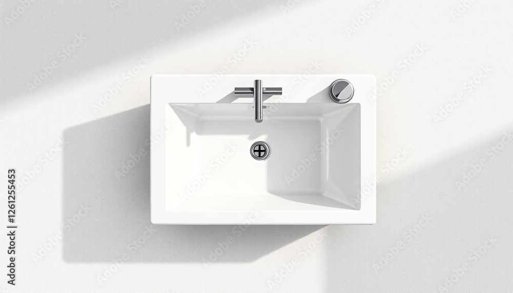 A sleek and modern white washbasin with a silver faucet, set in a bright bathroom.