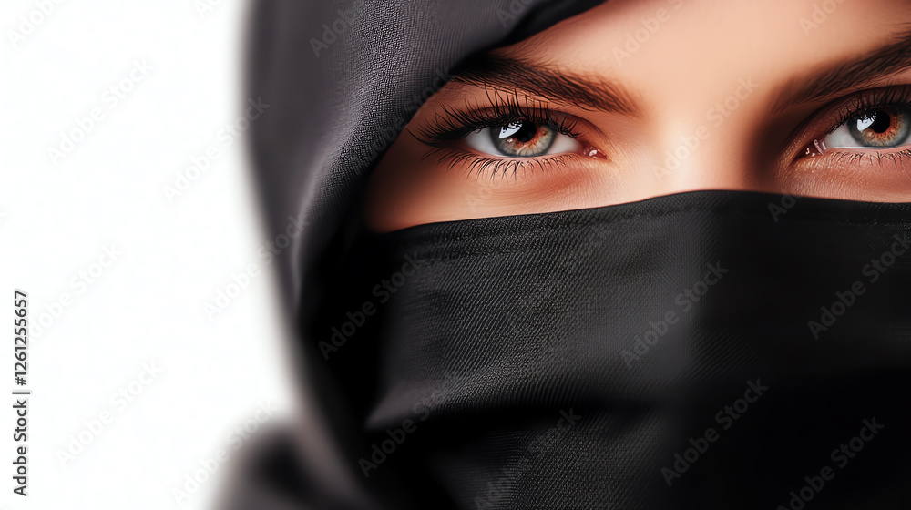 A close-up portrait of a woman in a black hijab, showcasing striking green eyes against a soft, neutral background, symbolizing beauty and strength in cultural identity. A close-up portrait of a woman in a black hijab, showcasing striking green eyes against a soft, neutral background, symbolizing beauty and strength in cultural identity.