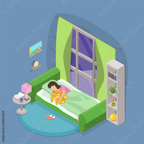 3D Isometric Flat Vector Illustration of Preparing to Sleep, Young Boy Getting Ready For Bedtime In His Bedroom.