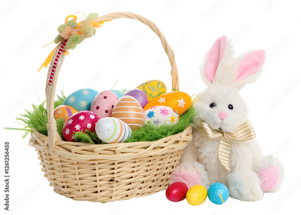Easter eggs and bunny basket display Easter eggs and bunny basket display
