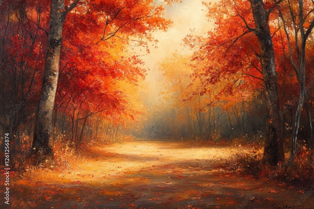Obraz premium Autumn path, forest, red leaves, sunlight, peaceful scene, nature, landscape, fall, art