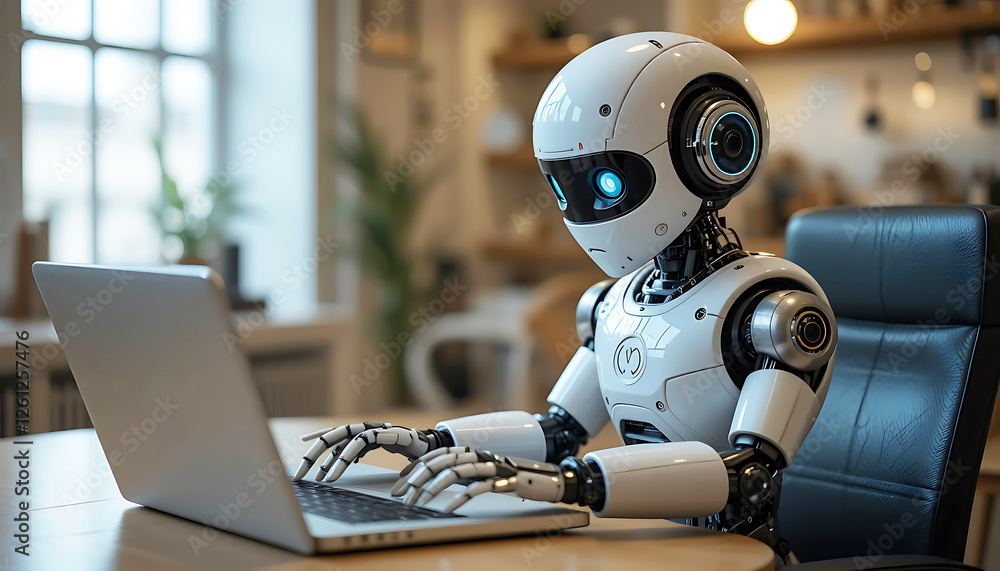 A humanoid robot working on a laptop in a modern home office, automation, and smart technology. artificial intelligence. machine learning. AI technology. future technology. male robot, white robots A humanoid robot working on a laptop in a modern home office, automation, and smart technology. artificial intelligence. machine learning. AI technology. future technology. male robot, white robots