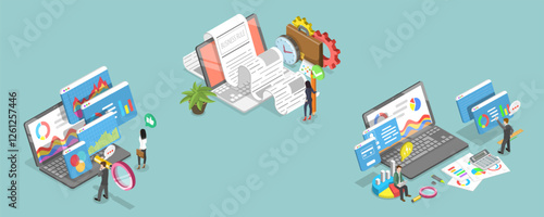 3D Isometric Flat Vector Illustration of IT Project Management, Financial Analysis Report