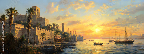 An oil painting of the ancient city walls along the Nile
