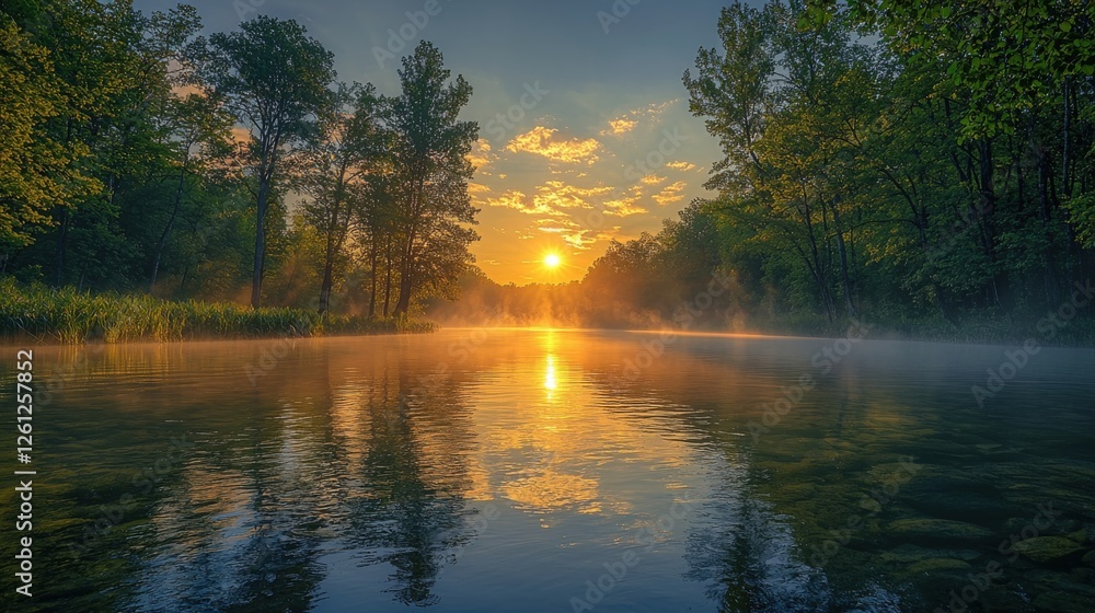 Obraz premium Sunrise on the lake in the morning mist. Beautiful summer landscape.