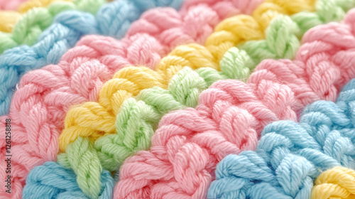 Pastel yarn texture; close-up of knitted fabric; colorful threads; craft background; ideal for textile websites